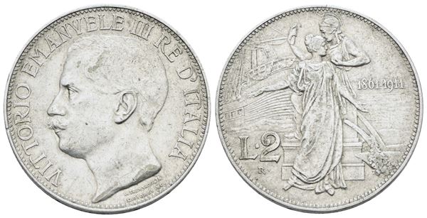 REGNO D'ITALIA. Vittorio Emanuele III (1900-1943). 2 lire 1911 "Cinquantenario". Ag; 10gr; Gig. 100; BB