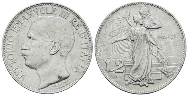 REGNO D'ITALIA. Vittorio Emanuele III (1900-1943). 2 lire 1911 "Cinquantenario". Ag; 10gr; Gig. 100; BB
