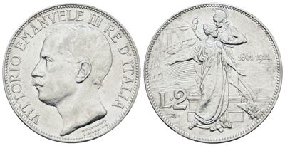 Regno d'Italia, Vittorio Emanuele III, 2 lire 1911 'Cinquantenario', Argento, 10 g