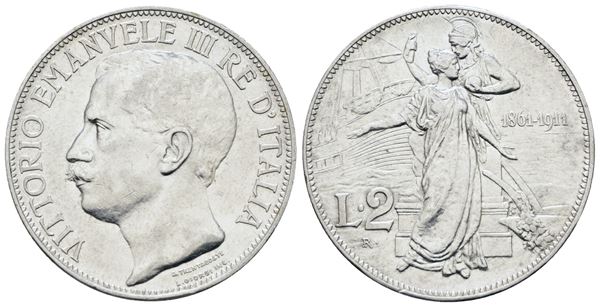 REGNO D'ITALIA. Vittorio Emanuele III (1900-1943). 2 lire 1911 "Cinquantenario". Ag; 10gr; Gig. 100; BB/SPL