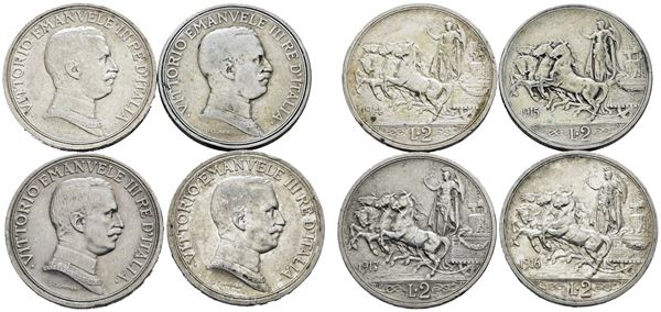 REGNO D'ITALIA. Vittorio Emanuele III (1900-1943). Lotto di 4 monete da 2 lire "Quadriga briosa" 1914, 1915, 1916, 1917. Ag; Conservazioni varie.