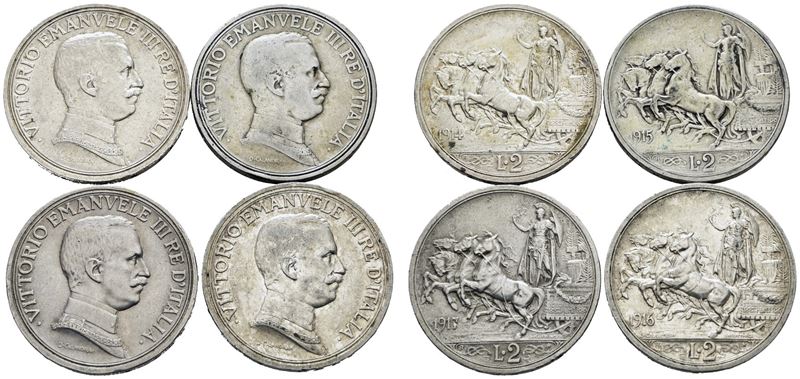 Vittorio Emanuele III, Lotto di 4 monete da 2 lire 'Quadriga briosa' (1914-1917)