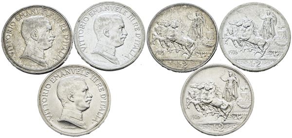 REGNO D'ITALIA. Vittorio Emanuele III (1900-1943). Lotto di 3 monete da 2 lire "Quadriga briosa" 1915, 1916, 1916. Ag; Conservazioni varie.