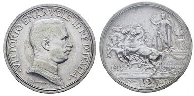 Vittorio Emanuele III, Moneta da 2 lire 1914 "Quadriga briosa" in Argento, 10 g