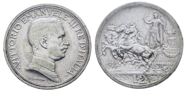 REGNO D'ITALIA. Vittorio Emanuele III (1900-1943). 2 lire 1914 "Quadriga briosa". Ag; 10gr; Gig. 101; BB/SPL