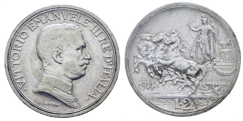 Vittorio Emanuele III, Moneta da 2 lire 1914 "Quadriga briosa" in Argento, 10 g