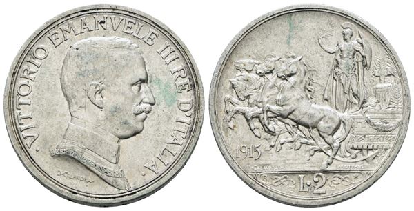 REGNO D'ITALIA. Vittorio Emanuele III (1900-1943). 2 lire 1915 "Quadriga briosa". Ag; 10gr; Gig. 102; BB/SPL