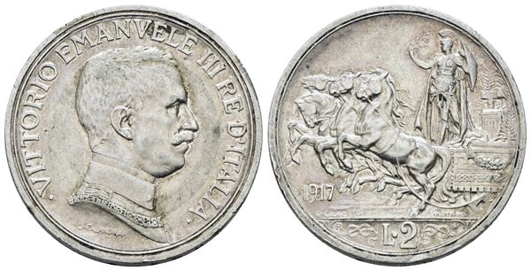 REGNO D'ITALIA. Vittorio Emanuele III (1900-1943). 2 lire 1917 "Quadriga briosa". Ag; 10gr; Gig. 104; NC; BB/SPL