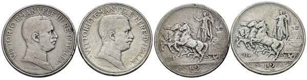 REGNO D'ITALIA. Vittorio Emanuele III (1900-1943). Lotto di 2 monete da 2 lire 1914 "Quadriga briosa". Ag; Gig. 101; BB