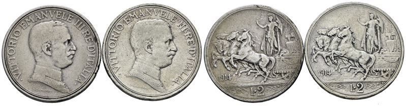 Regno D'italia. Vittorio Emanuele III (1900-1943). Lotto di 2 Monete da 2 Lire 1914 "quadriga Bri...