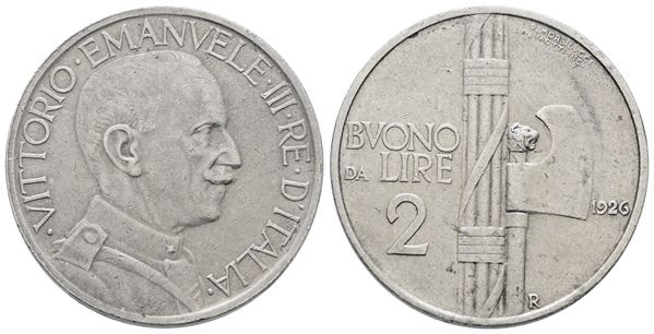 REGNO D'ITALIA. Vittorio Emanuele III (1900-1943). 2 lire 1926 "Fascio". Ni; Gig. 108; Raro; BB