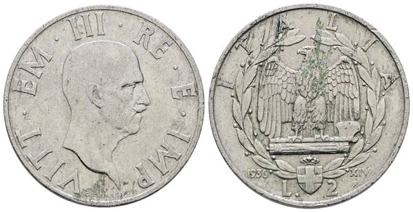 REGNO D'ITALIA. Vittorio Emanuele III (1900-1943). 2 lire 1936 "Impero". Ni; Gig. 118; Raro; BB, striature.