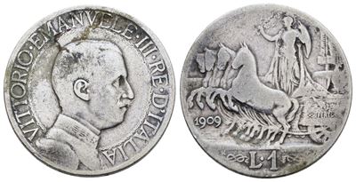 Vittorio Emanuele III, 1 Lira 1909 "Quadriga veloce", Argento