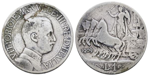 REGNO D'ITALIA. Vittorio Emanuele III (1900-1943). 1 lira 1909 "Quadriga veloce". Ag; Gig. 133; NC; MB