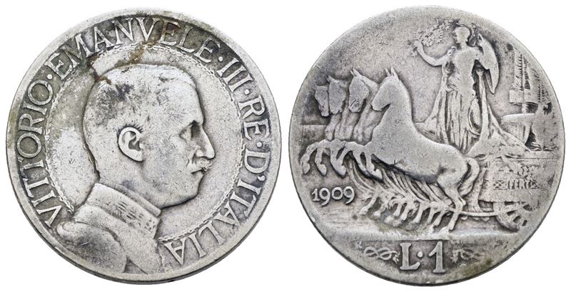 Vittorio Emanuele III, 1 Lira 1909 "Quadriga veloce", Argento