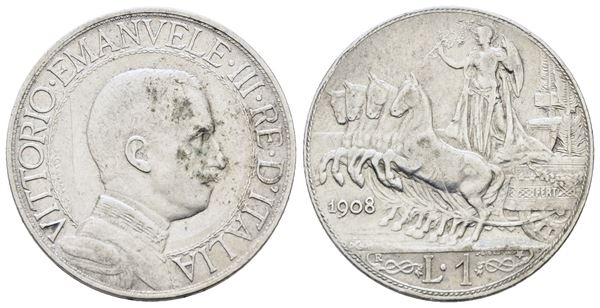 REGNO D'ITALIA. Vittorio Emanuele III (1900-1943). 1 lira 1908 "Quadriga veloce". Ag; Gig. 132; NC; BB