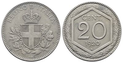 Regno D'italia. Vittorio Emanuele III (1900-1943). 20 Centesimi 1920 "esagono". Ni; 4gr; Gig. 216...
