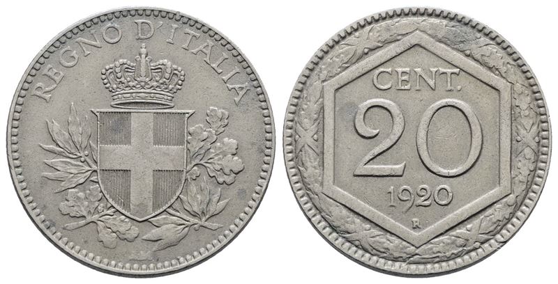 Regno D'italia. Vittorio Emanuele III (1900-1943). 20 Centesimi 1920 "esagono". Ni; 4gr; Gig. 216...