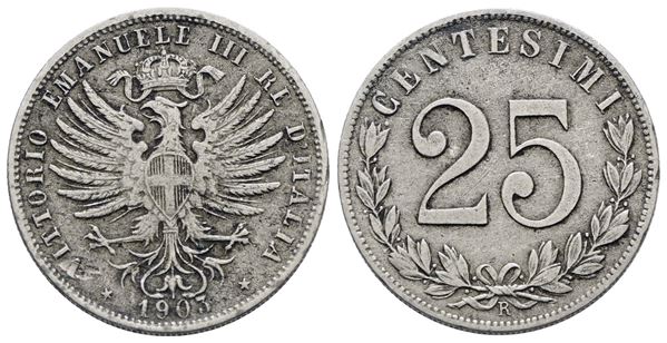 REGNO D'ITALIA. Vittorio Emanuele III (1900-1943). 25 centesimi 1903. Ni; 4gr; Gig. 192; Raro; BB