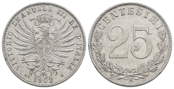 REGNO D'ITALIA. Vittorio Emanuele III (1900-1943). 25 centesimi 1902. Ni; 4gr; Gig. 191; Raro; BB/SPL