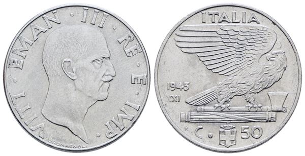 REGNO D'ITALIA. Vittorio Emanuele III (1900-1943). 50 centesimi 1943 "Impero". Ac; 6gr; Gig. 188; Raro; SPL+
