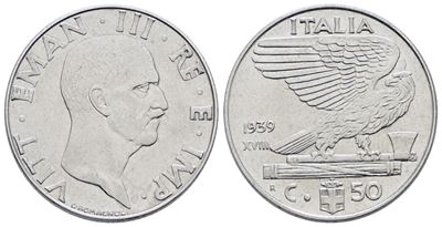 Vittorio Emanuele III, 50 centesimi 1939 'Impero', moneta in argento