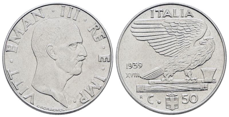 Vittorio Emanuele III, 50 centesimi 1939 'Impero', moneta in argento