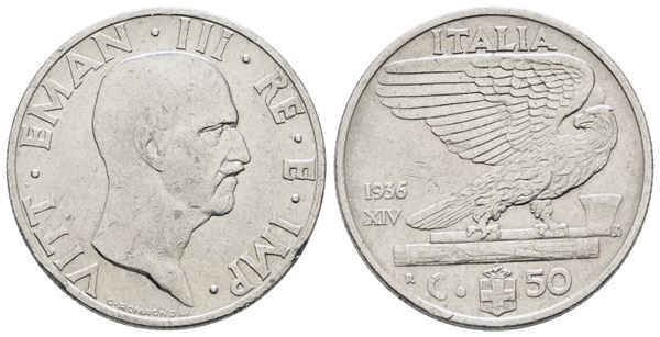REGNO D'ITALIA. Vittorio Emanuele III (1900-1943). 50 centesimi 1936 "Impero". Ni; 6gr; Gig. 182; Raro; BB+