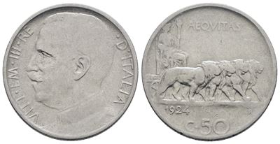 Regno d'Italia, Vittorio Emanuele III, 50 centesimi 1924 rigato 'Leoni', Ni, 6gr, Gig. 169