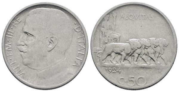 REGNO D'ITALIA. Vittorio Emanuele III (1900-1943). 50 centesimi 1924 rigato "Leoni". Ni; 6gr; Gig. 169; Raro; Q.BB