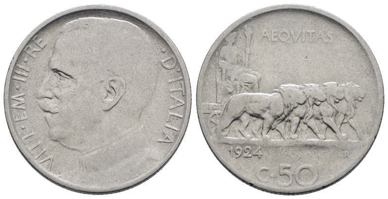 Regno d'Italia, Vittorio Emanuele III, 50 centesimi 1924 rigato 'Leoni', Ni, 6gr, Gig. 169