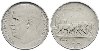 REGNO D'ITALIA, Vittorio Emanuele III, 50 centesimi 1924, liscio 'Leoni', Nichel, 6 gr