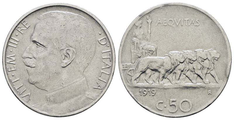 Regno d'Italia, Vittorio Emanuele III, 50 centesimi 1919, Liscio 'Leoni', Nichel, 6 gr, Gig. 162