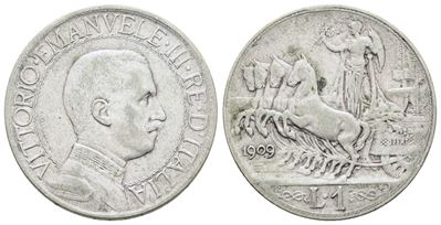Vittorio Emanuele III, Lira 1909 'Quadriga veloce', argento, 5 gr, Gig. 133