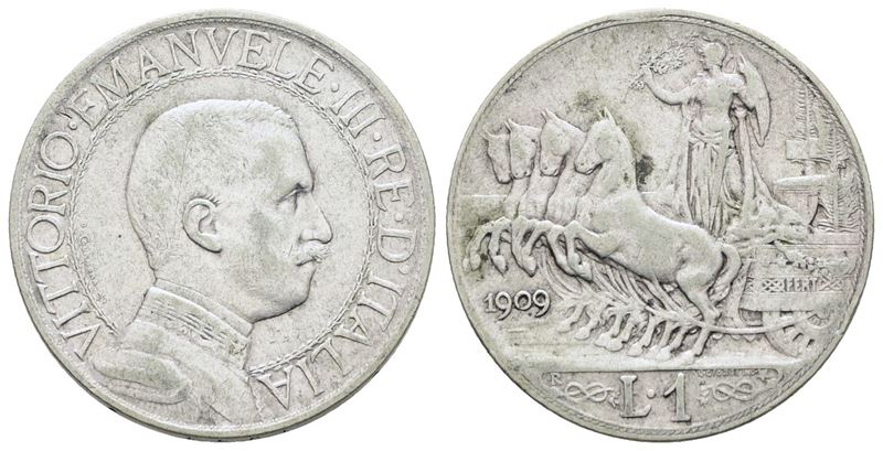 Vittorio Emanuele III, Lira 1909 'Quadriga veloce', argento, 5 gr, Gig. 133