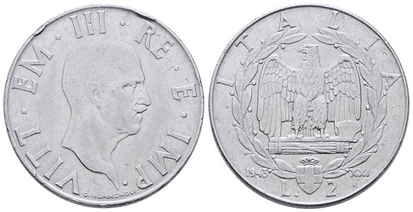 REGNO D'ITALIA. Vittorio Emanuele III (1900-1943). 2 lire 1943 "Impero". Ac; 10gr; Gig. 124; Raro; BB, colpetti al bordo.