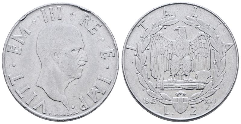 Vittorio Emanuele III, 2 lire 1943 "Impero", Ac, 10 gr, Gig. 124