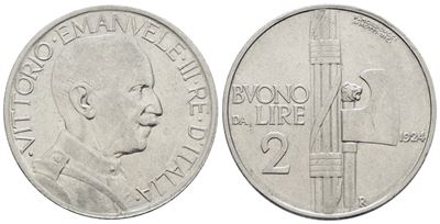 Vittorio Emanuele III, 2 lire 1924 "Fascio", Nichel, 10g, Gig. 106