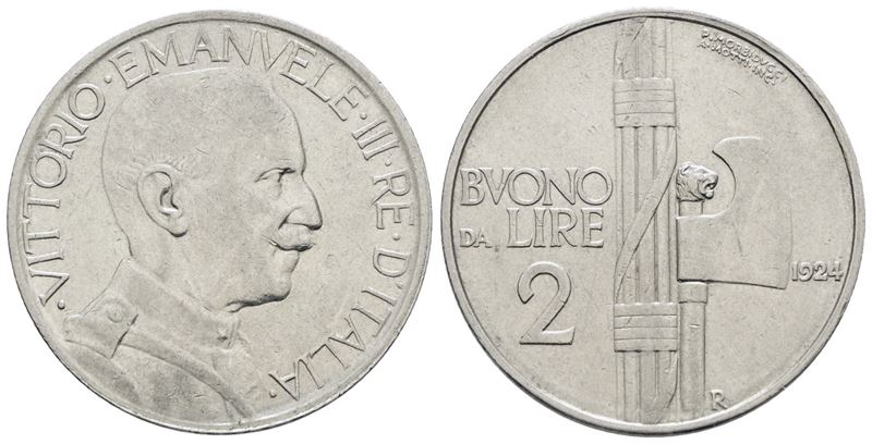 Vittorio Emanuele III, 2 lire 1924 "Fascio", Nichel, 10g, Gig. 106