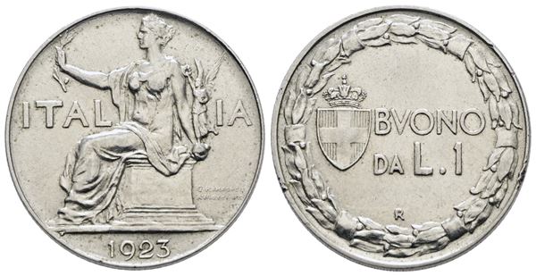 REGNO D'ITALIA. Vittorio Emanuele III (1900-1943). 1 lira 1923 "Italia seduta". Ni; 8gr; Gig. 141; Q.SPL