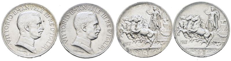 Vittorio Emanuele III, Lotto di 2 monete da 1 lira 1917 "Quadriga briosa"