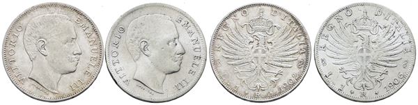 REGNO D'ITALIA. Vittorio Emanuele III (1900-1943). Lotto di 2 monete da 1 lira 1902-1906 "Aquila sabauda". Ag; Conservazioni varie