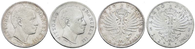 Vittorio Emanuele III, Lotto di 2 monete da 1 lira 1902-1906 "Aquila sabauda", Argento
