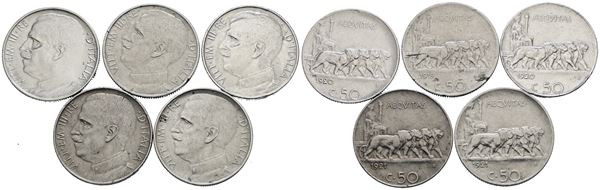 REGNO D'ITALIA. Vittorio Emanuele III (1900-1943). Lotto di 5 monete da 50 centesimi "Leoni". Ni; Date e conservazioni varie