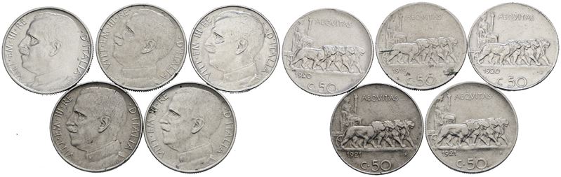 Regno D'italia. Vittorio Emanuele III (1900-1943). Lotto di 5 Monete da 50 Centesimi "leoni". Ni;...