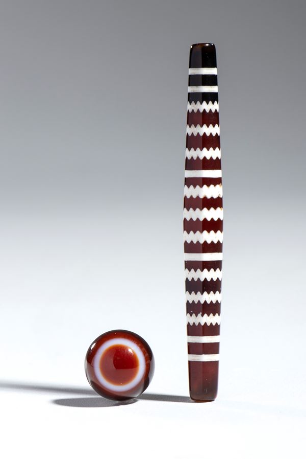 Tubular pearl and agate plaque, China