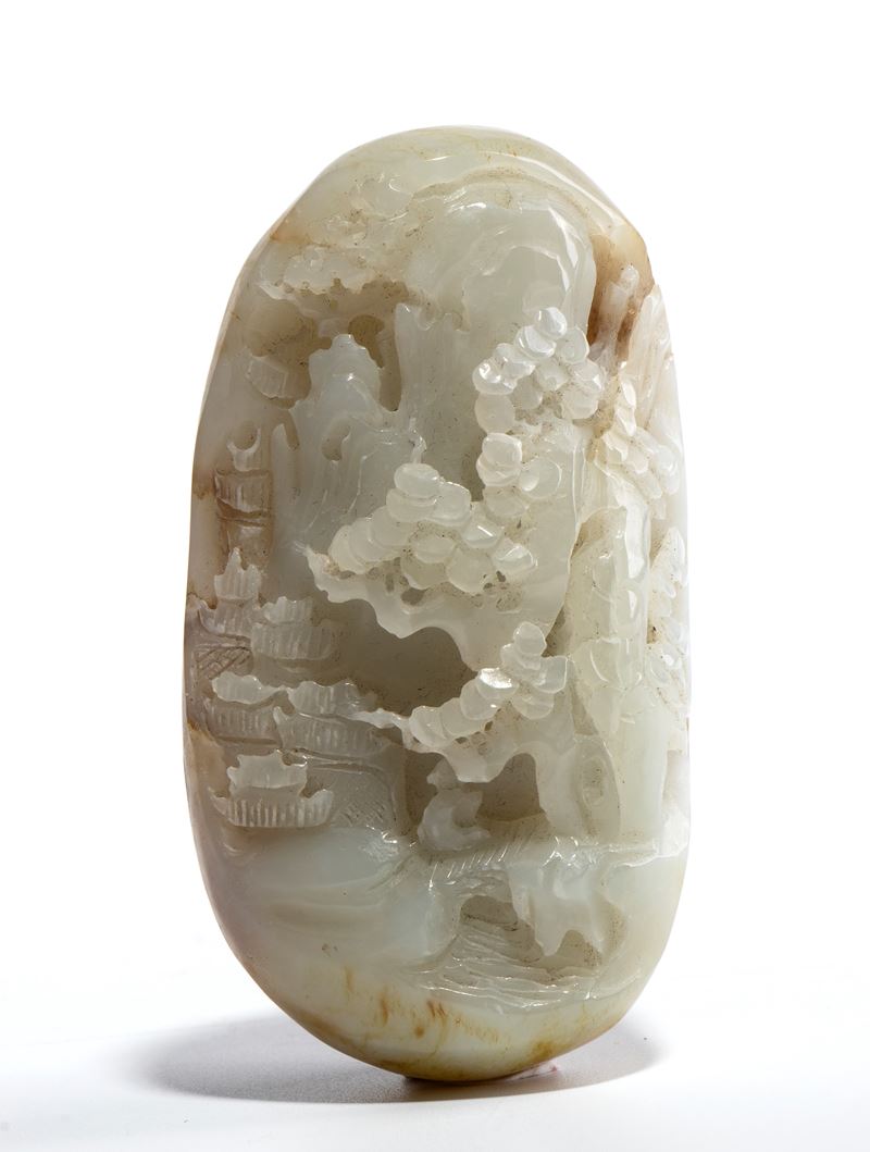 Intaglio cinese in giada bianca, rappresentazione di paesaggio, dinastia Qing, XIX secolo