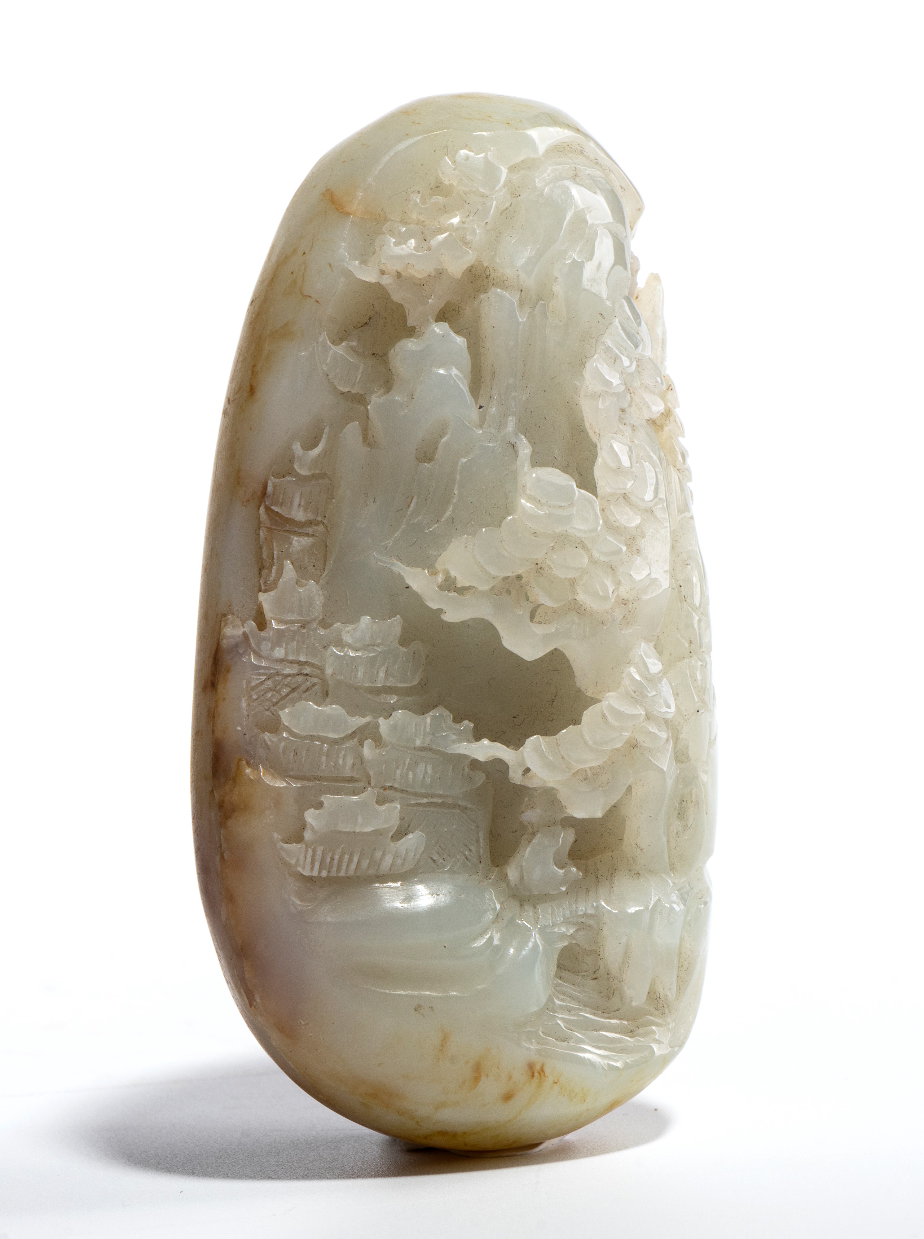Intaglio cinese in giada bianca, rappresentazione di paesaggio, dinastia Qing, XIX secolo
