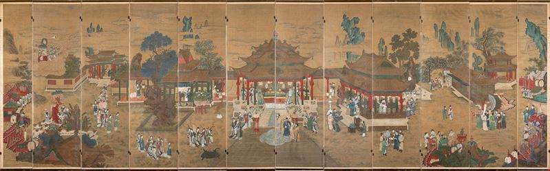 Importante dipinto composto da dodici pannelli. Inchiostro e pigmenti su seta, Cina, dinastia Qin...