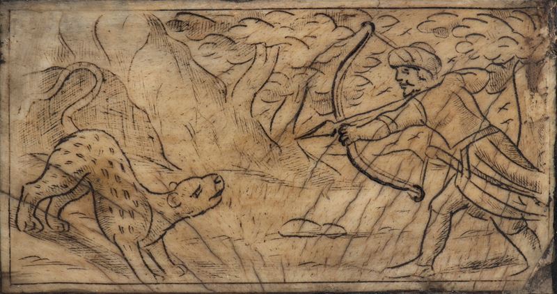 Placca incisa in osso con scena venatoria